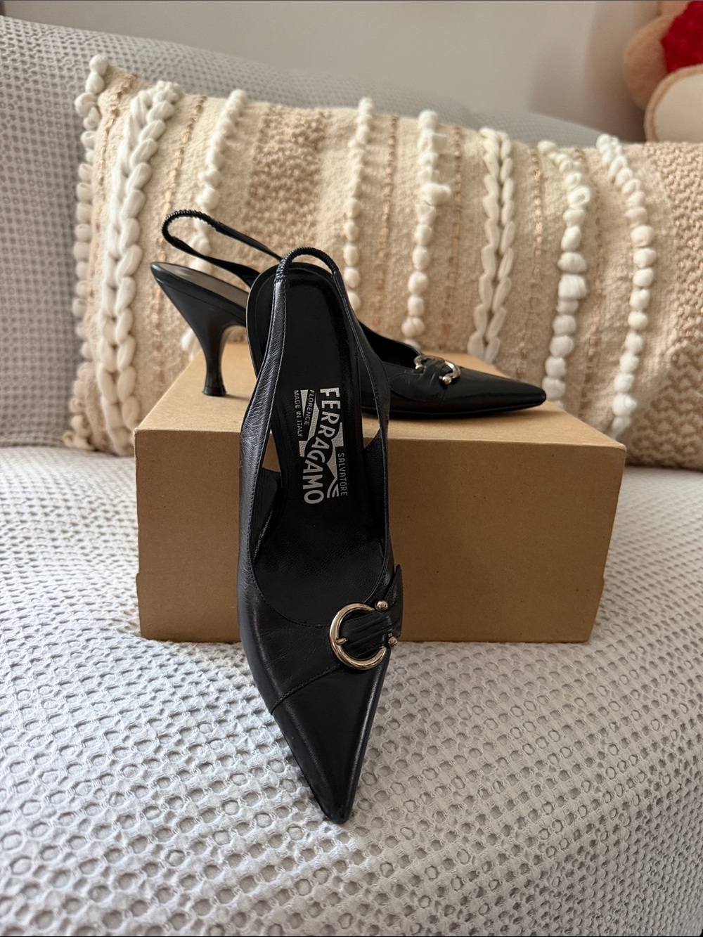Salvatore Ferragamo Black Pointed Toe Slingback Heels with Buckle